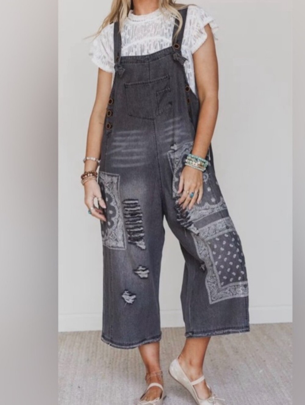 Three Bird Nest Washed Black Distressed Bandana Patch Overalls, Sz. L.